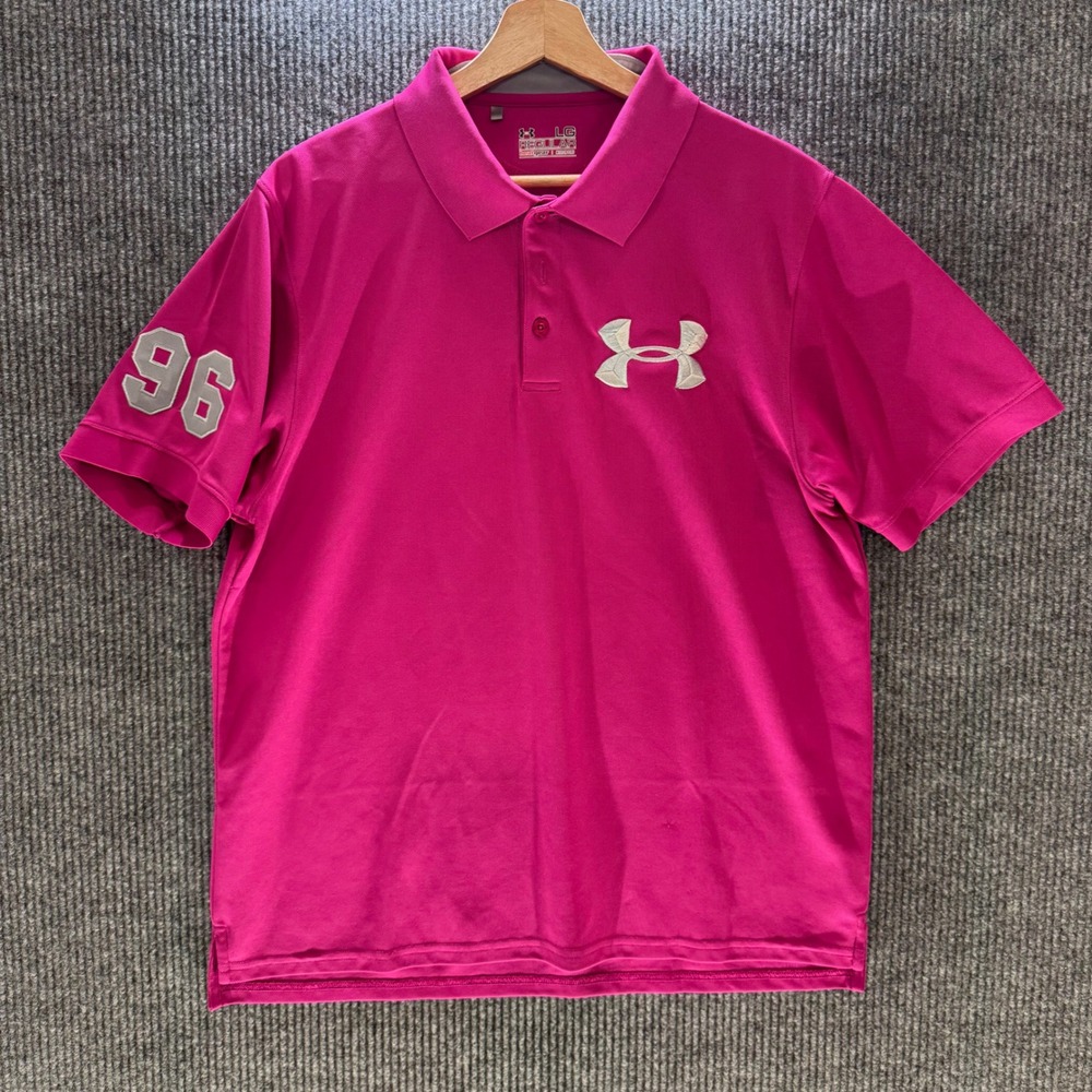 Under Armour HeatGear Polo Shirt‎ Women L Pink 96 Big Logo Golf Athletic Active
